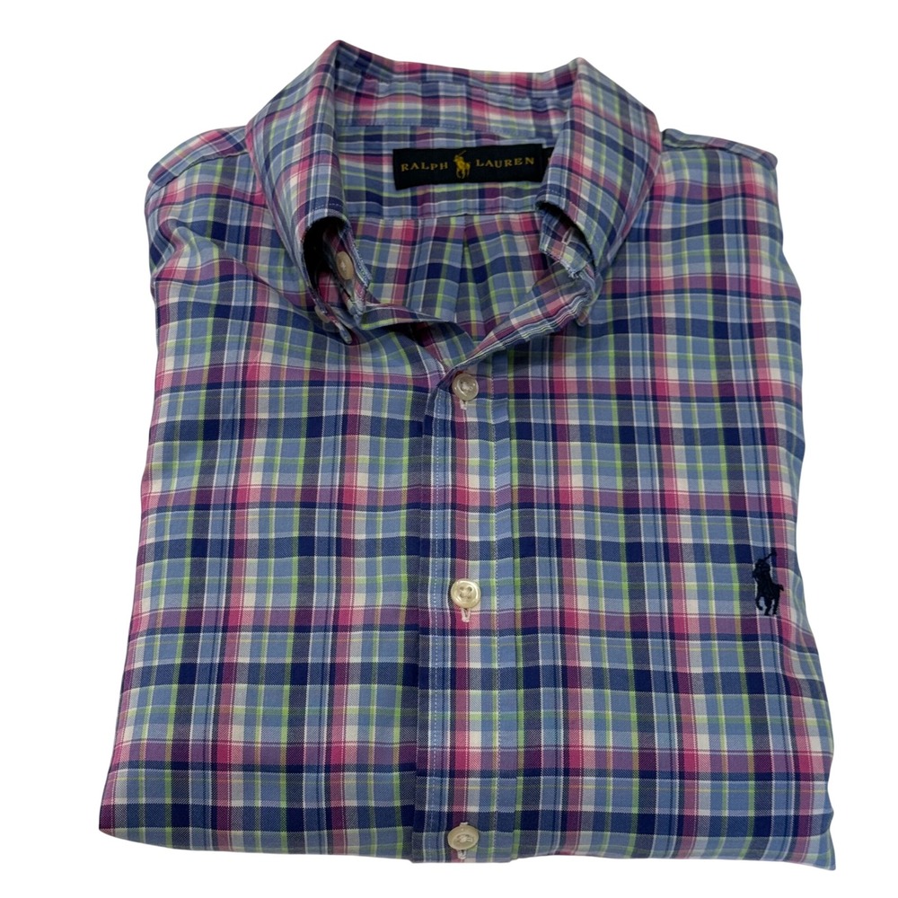 Ralph Lauren Mens Large Plaid Button Down Shirt Blue Pink Green Long Sleeve Pony